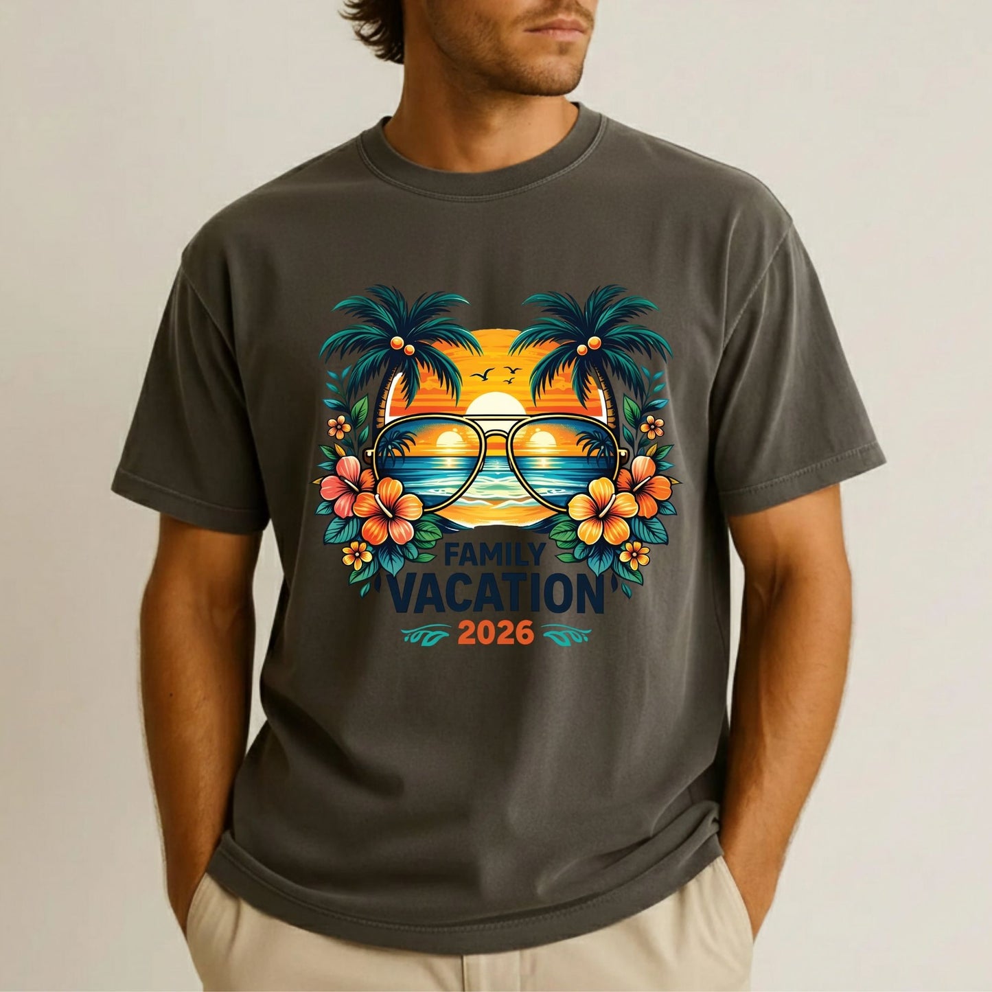 Family Vacation 2026 Retro Aviator Sunglasses DTF Transfer Ready to Press Summer Vacation UV DTF Sticker Palm Trees & Hibiscus Heat Transfer for Shirts