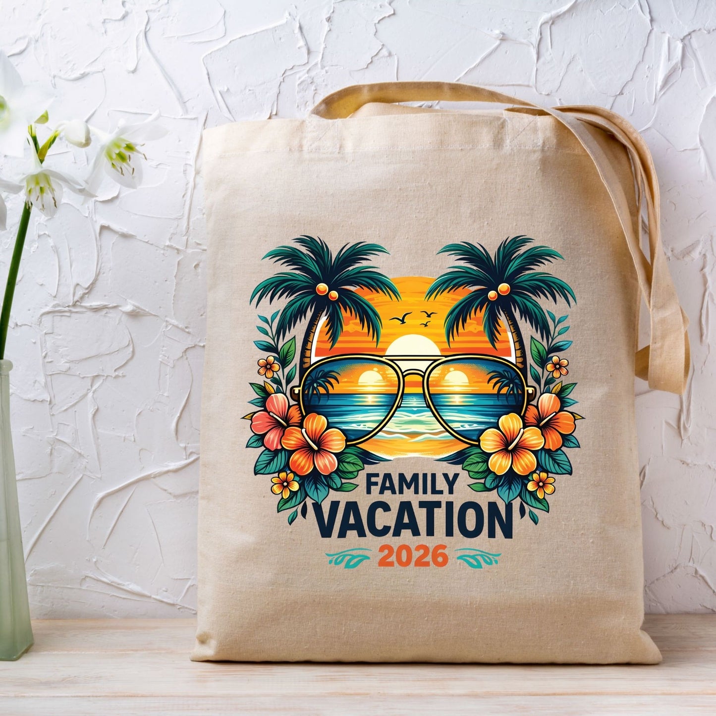 Family Vacation 2026 Retro Aviator Sunglasses DTF Transfer Ready to Press Summer Vacation UV DTF Sticker Palm Trees & Hibiscus Heat Transfer for Shirts