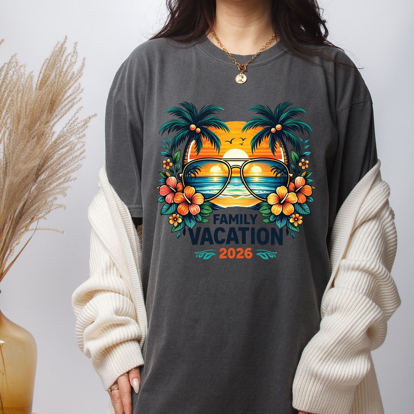 Family Vacation 2026 Retro Aviator Sunglasses DTF Transfer Ready to Press Summer Vacation UV DTF Sticker Palm Trees & Hibiscus Heat Transfer for Shirts