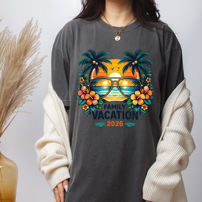 Family Vacation 2026 Retro Aviator Sunglasses DTF Transfer Ready to Press Summer Vacation UV DTF Sticker Palm Trees & Hibiscus Heat Transfer for Shirts