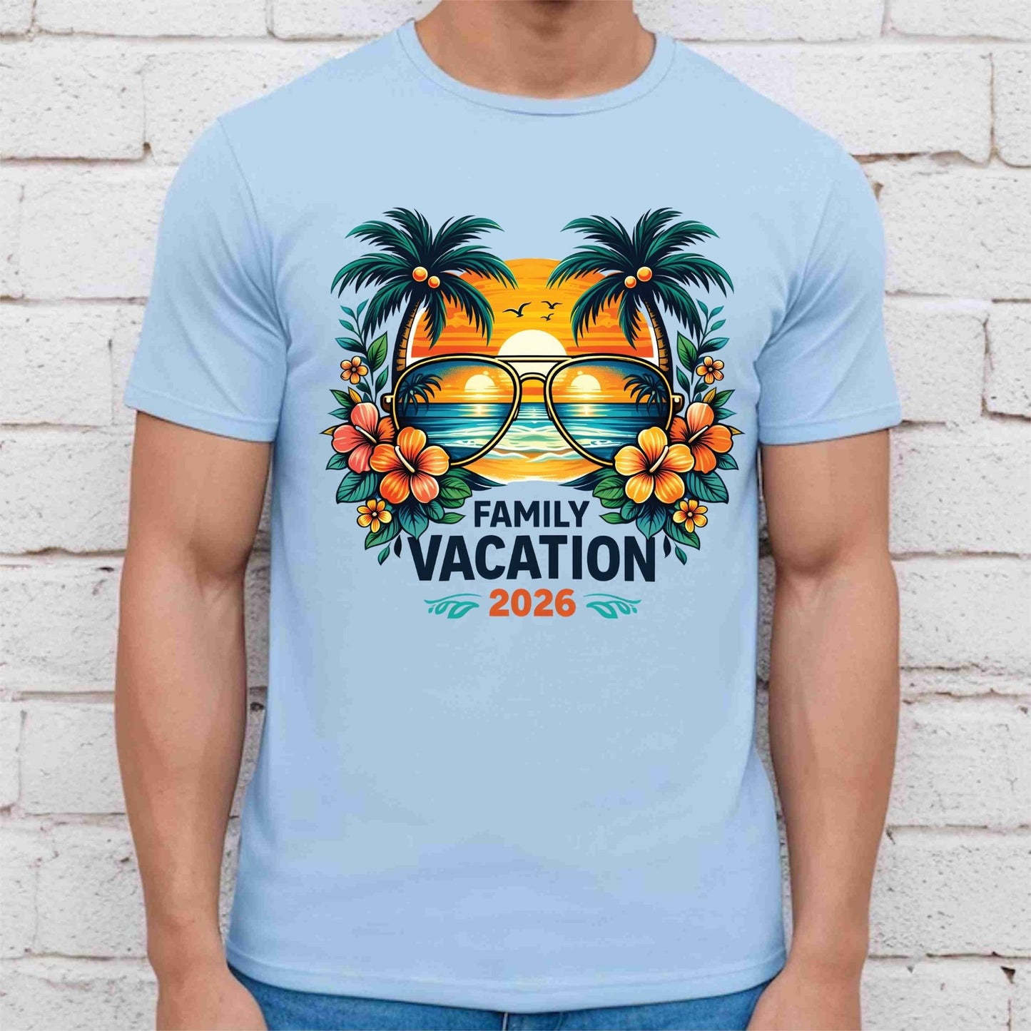 Family Vacation 2026 Retro Aviator Sunglasses DTF Transfer Ready to Press Summer Vacation UV DTF Sticker Palm Trees & Hibiscus Heat Transfer for Shirts