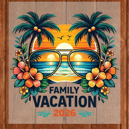 Family Vacation 2026 Retro Aviator Sunglasses DTF Transfer Ready to Press Summer Vacation UV DTF Sticker Palm Trees & Hibiscus Heat Transfer for Shirts