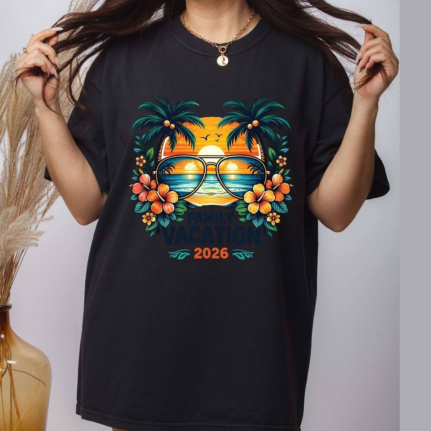 Family Vacation 2026 Retro Aviator Sunglasses DTF Transfer Ready to Press Summer Vacation UV DTF Sticker Palm Trees & Hibiscus Heat Transfer for Shirts