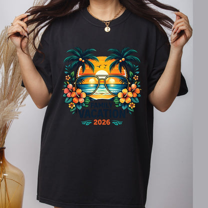 Family Vacation 2026 Retro Aviator Sunglasses DTF Transfer Ready to Press Summer Vacation UV DTF Sticker Palm Trees & Hibiscus Heat Transfer for Shirts
