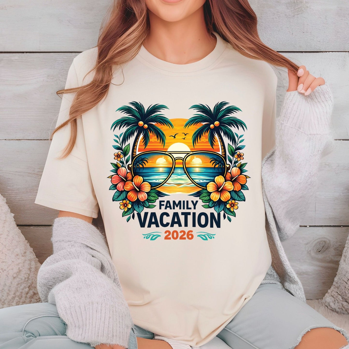Family Vacation 2026 Retro Aviator Sunglasses DTF Transfer Ready to Press Summer Vacation UV DTF Sticker Palm Trees & Hibiscus Heat Transfer for Shirts