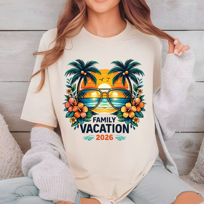 Family Vacation 2026 Retro Aviator Sunglasses DTF Transfer Ready to Press Summer Vacation UV DTF Sticker Palm Trees & Hibiscus Heat Transfer for Shirts