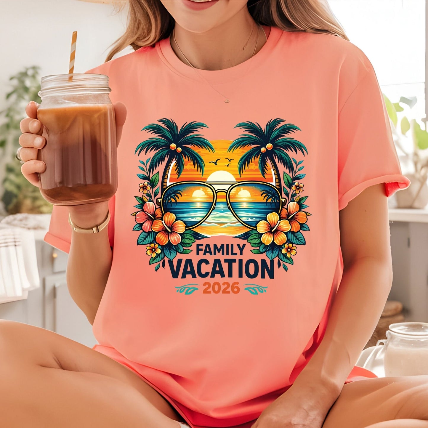 Family Vacation 2026 Retro Aviator Sunglasses DTF Transfer Ready to Press Summer Vacation UV DTF Sticker Palm Trees & Hibiscus Heat Transfer for Shirts