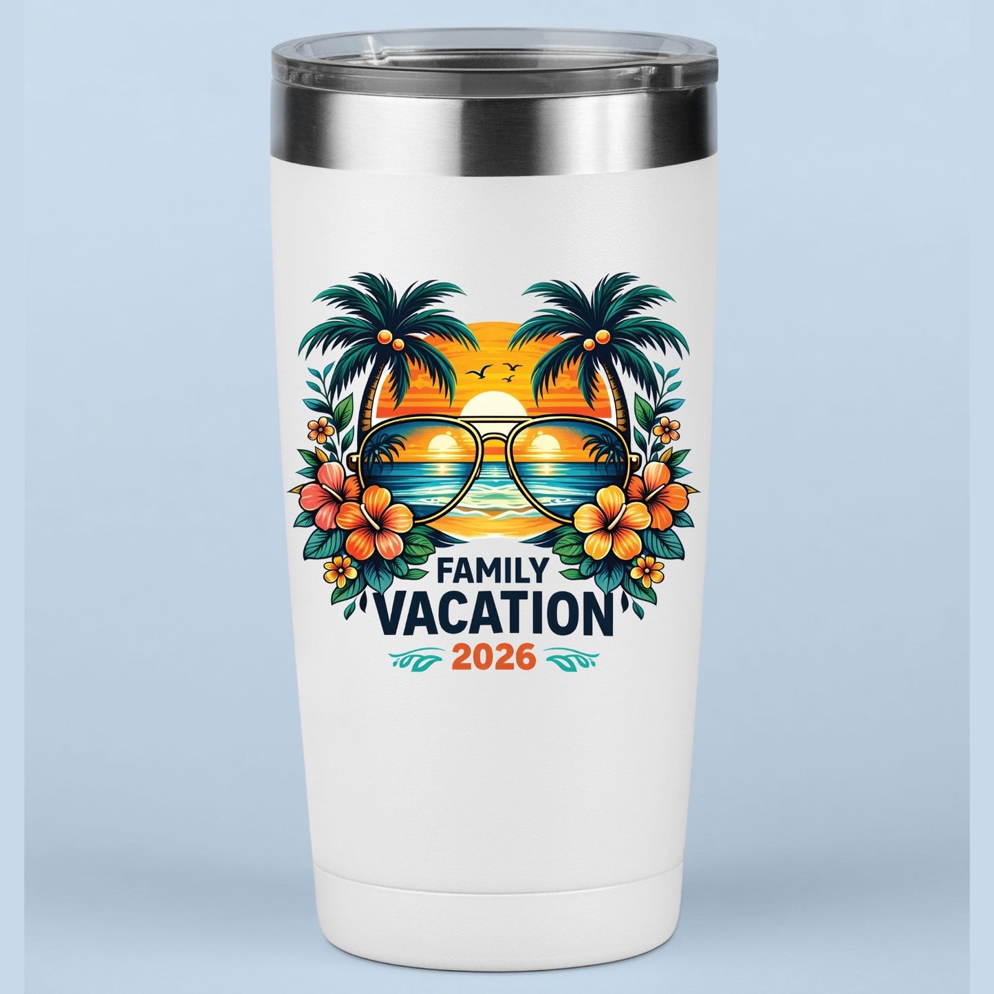 Family Vacation 2026 Retro Aviator Sunglasses DTF Transfer Ready to Press Summer Vacation UV DTF Sticker Palm Trees & Hibiscus Heat Transfer for Shirts