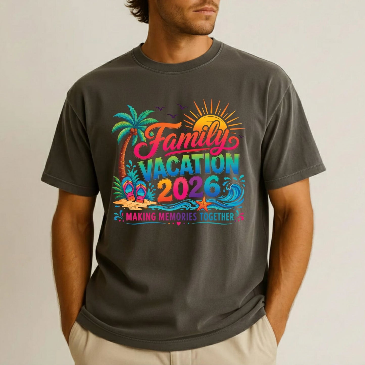 Family Vacation 2026 Retro Beach DTF Transfer Ready to Press Summer Trip UV DTF Sticker Making Memories Flip Flops & Palm Tree Heat Transfer for Shirts