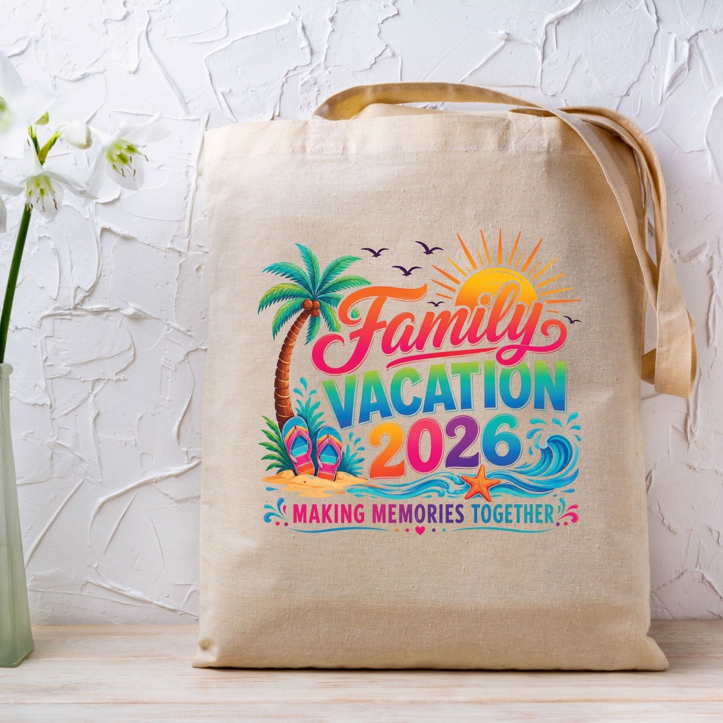 Family Vacation 2026 Retro Beach DTF Transfer Ready to Press Summer Trip UV DTF Sticker Making Memories Flip Flops & Palm Tree Heat Transfer for Shirts