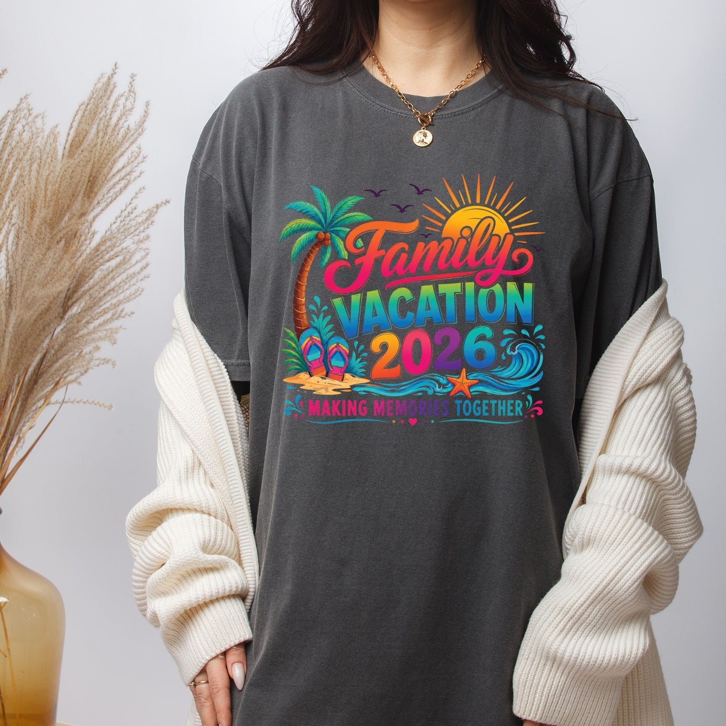 Family Vacation 2026 Retro Beach DTF Transfer Ready to Press Summer Trip UV DTF Sticker Making Memories Flip Flops & Palm Tree Heat Transfer for Shirts