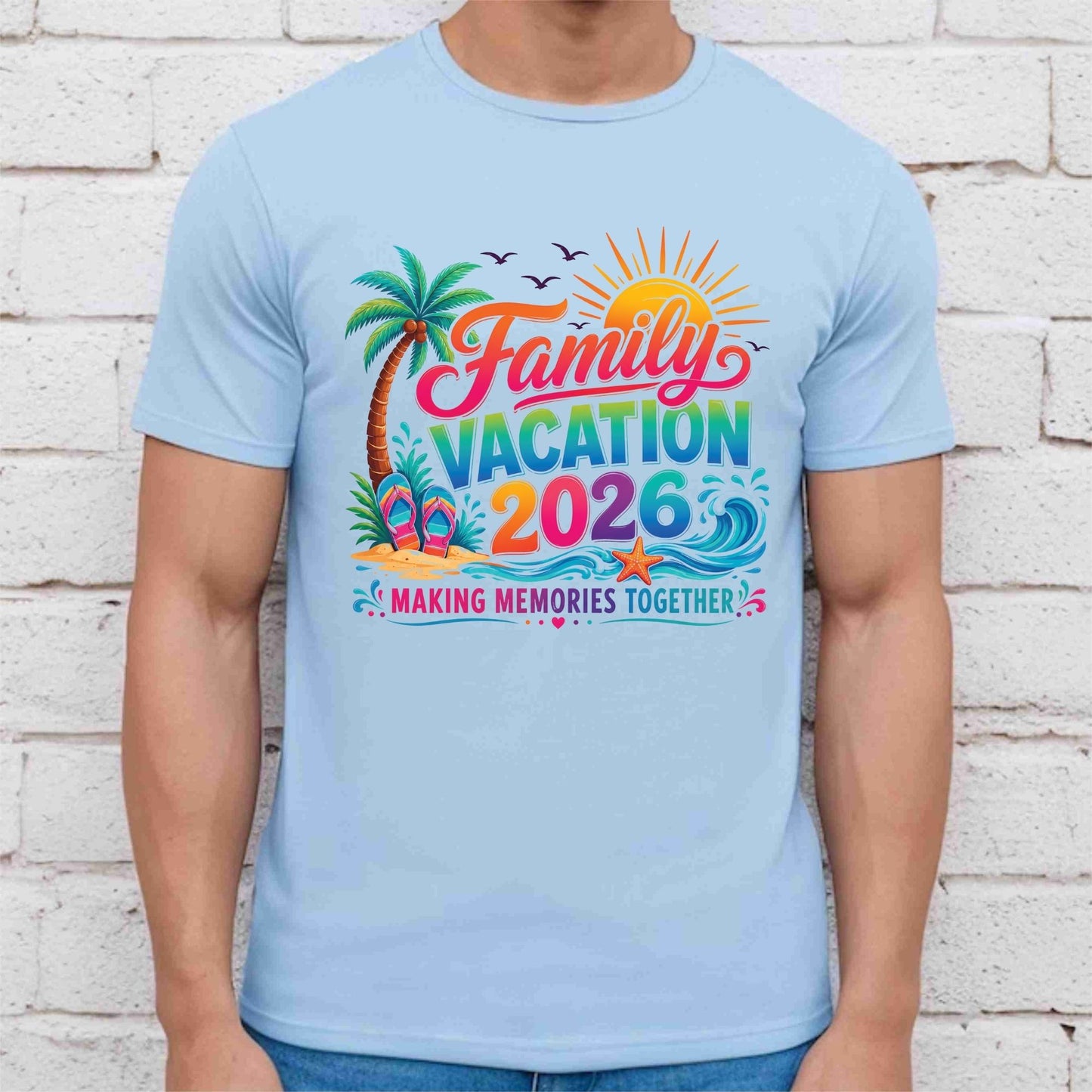 Family Vacation 2026 Retro Beach DTF Transfer Ready to Press Summer Trip UV DTF Sticker Making Memories Flip Flops & Palm Tree Heat Transfer for Shirts