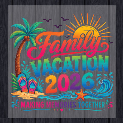 Family Vacation 2026 Retro Beach DTF Transfer Ready to Press Summer Trip UV DTF Sticker Making Memories Flip Flops & Palm Tree Heat Transfer for Shirts