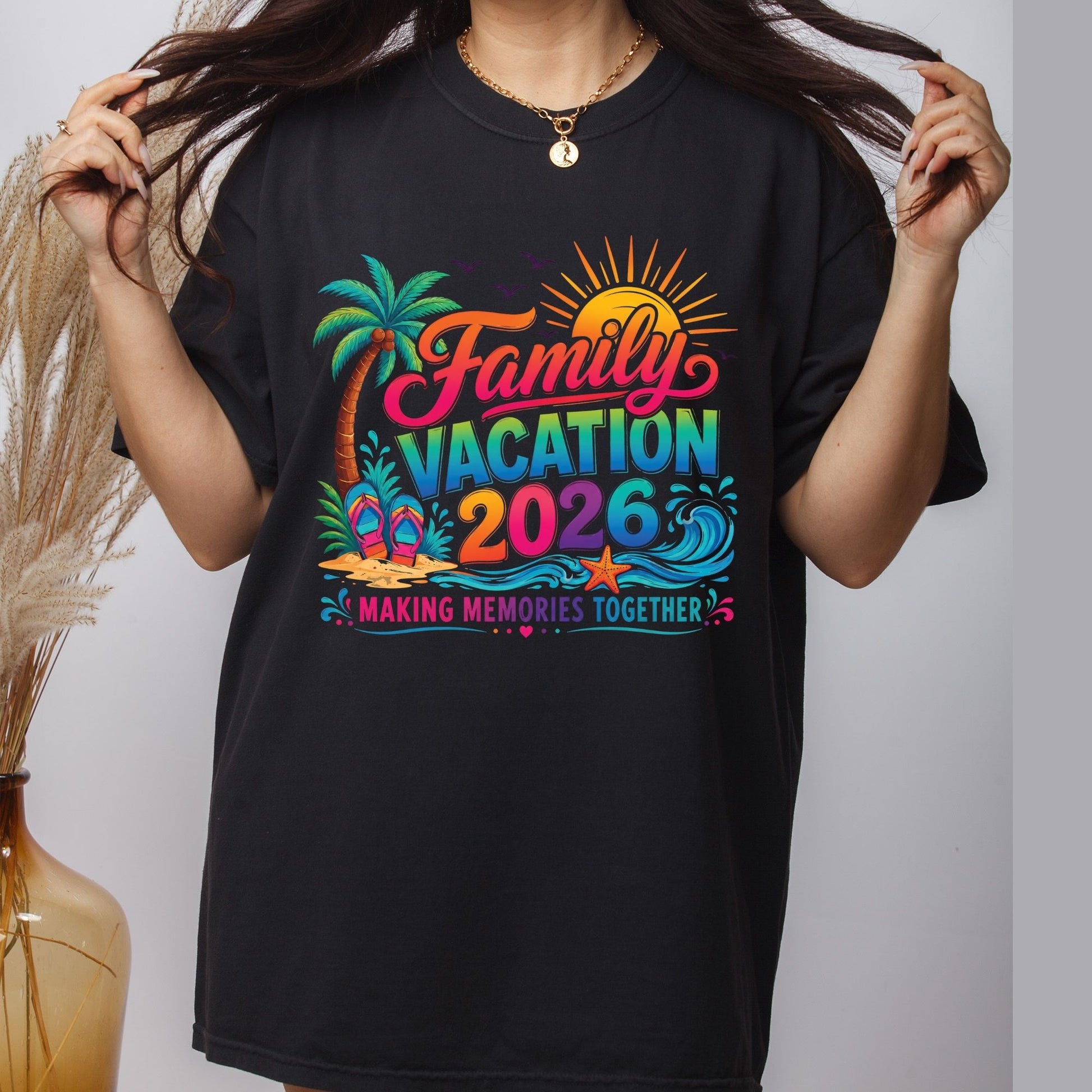 Family Vacation 2026 Retro Beach DTF Transfer Ready to Press Summer Trip UV DTF Sticker Making Memories Flip Flops & Palm Tree Heat Transfer for Shirts