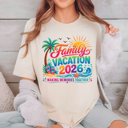 Family Vacation 2026 Retro Beach DTF Transfer Ready to Press Summer Trip UV DTF Sticker Making Memories Flip Flops & Palm Tree Heat Transfer for Shirts