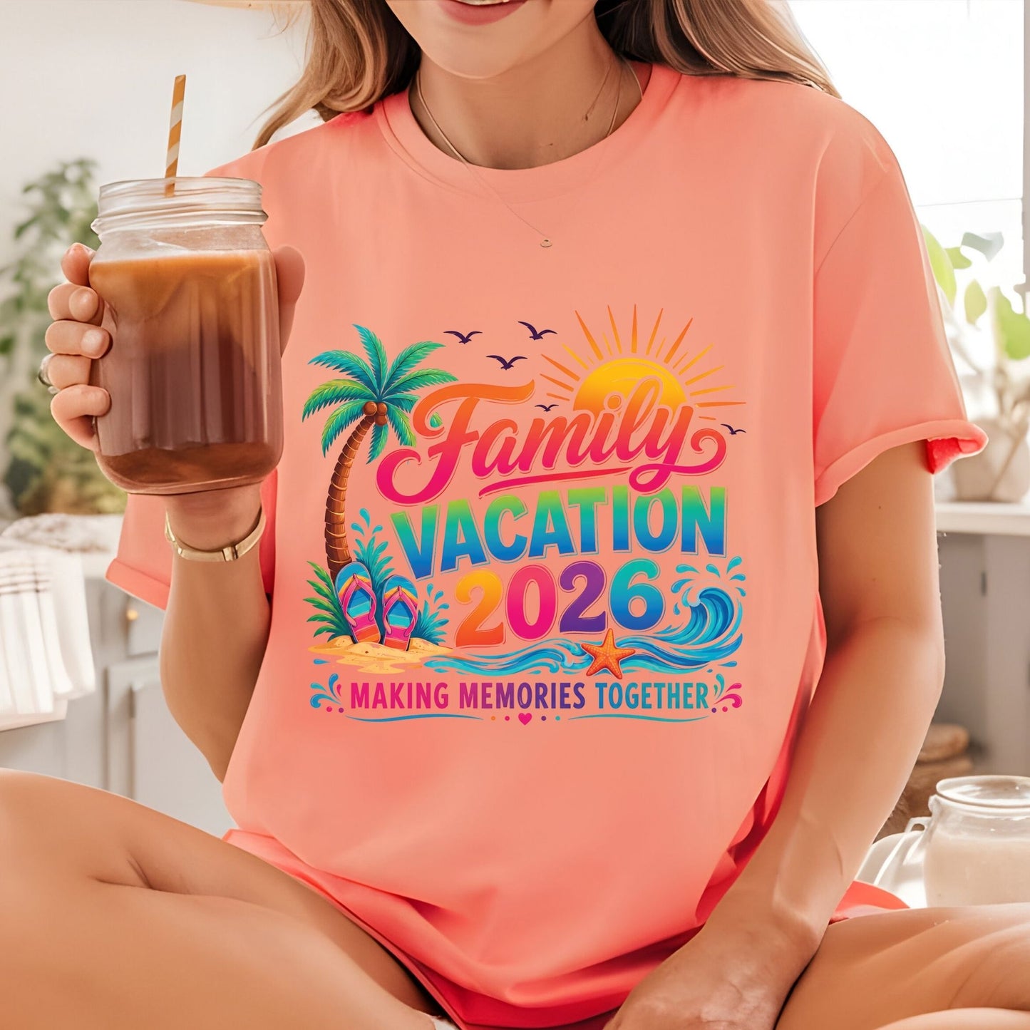 Family Vacation 2026 Retro Beach DTF Transfer Ready to Press Summer Trip UV DTF Sticker Making Memories Flip Flops & Palm Tree Heat Transfer for Shirts