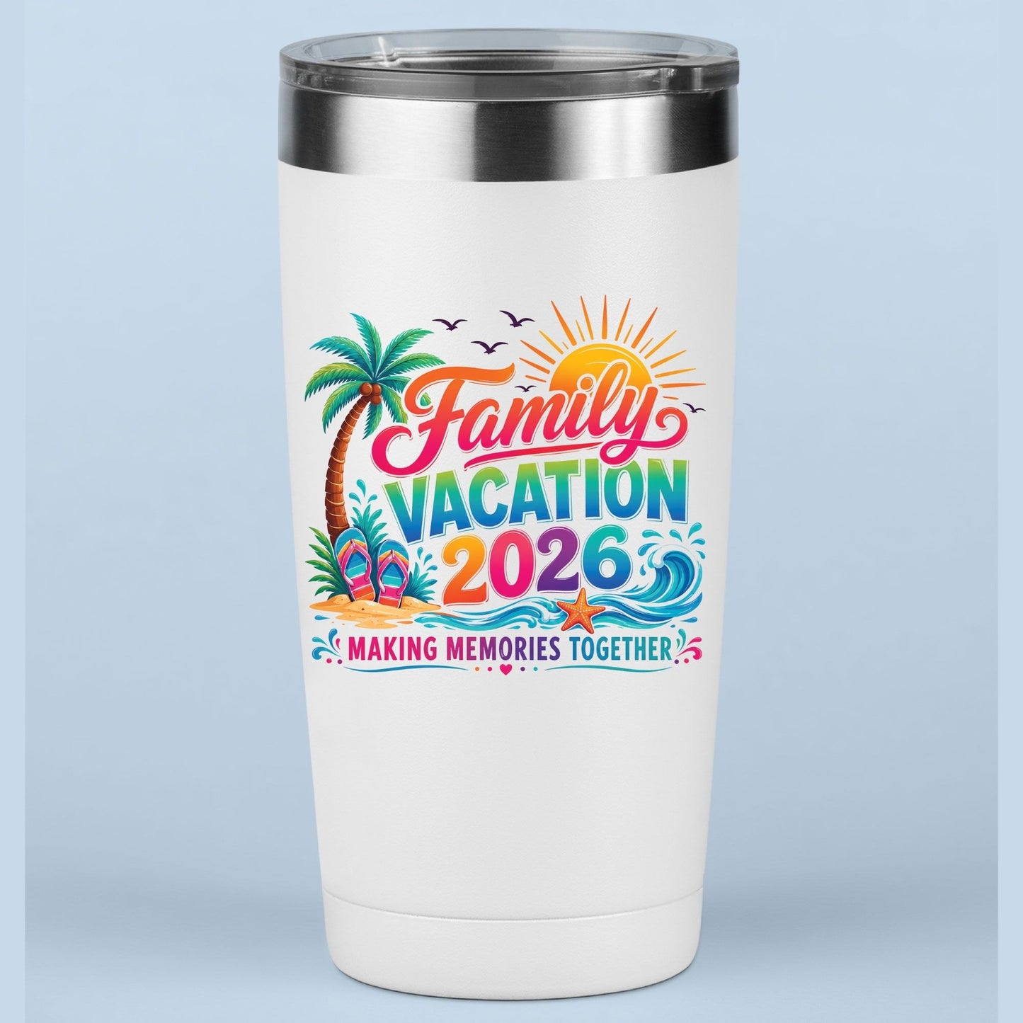 Family Vacation 2026 Retro Beach DTF Transfer Ready to Press Summer Trip UV DTF Sticker Making Memories Flip Flops & Palm Tree Heat Transfer for Shirts