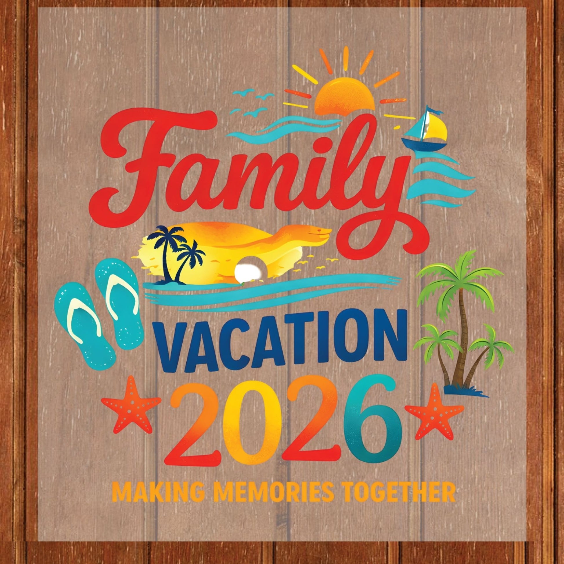 Family Vacation 2026 Retro Beach DTF Transfer Ready to Press Summer Trip UV DTF Sticker Making Memories Flip Flops & Sailboat Heat Transfer for Shirts
