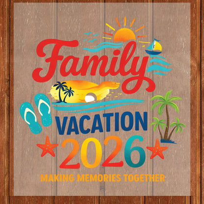 Family Vacation 2026 Retro Beach DTF Transfer Ready to Press Summer Trip UV DTF Sticker Making Memories Flip Flops & Sailboat Heat Transfer for Shirts