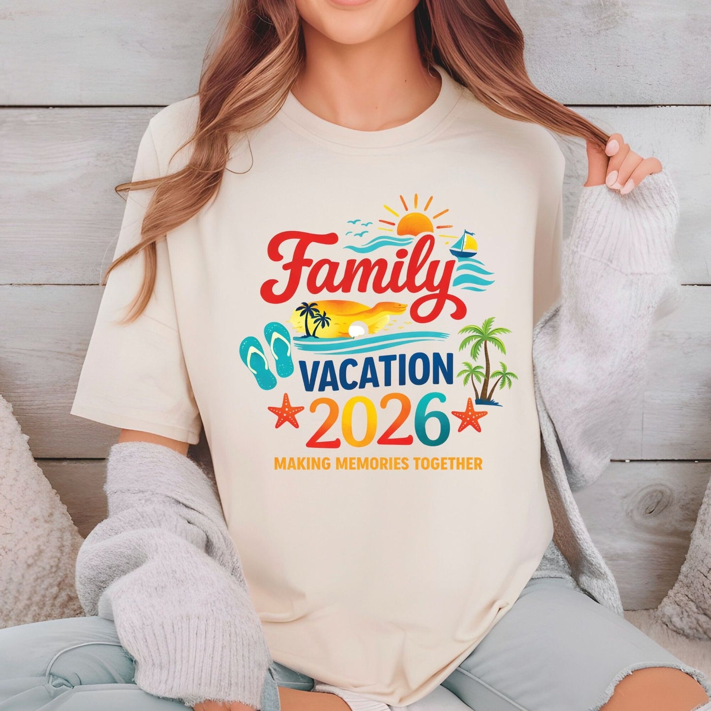 Family Vacation 2026 Retro Beach DTF Transfer Ready to Press Summer Trip UV DTF Sticker Making Memories Flip Flops & Sailboat Heat Transfer for Shirts