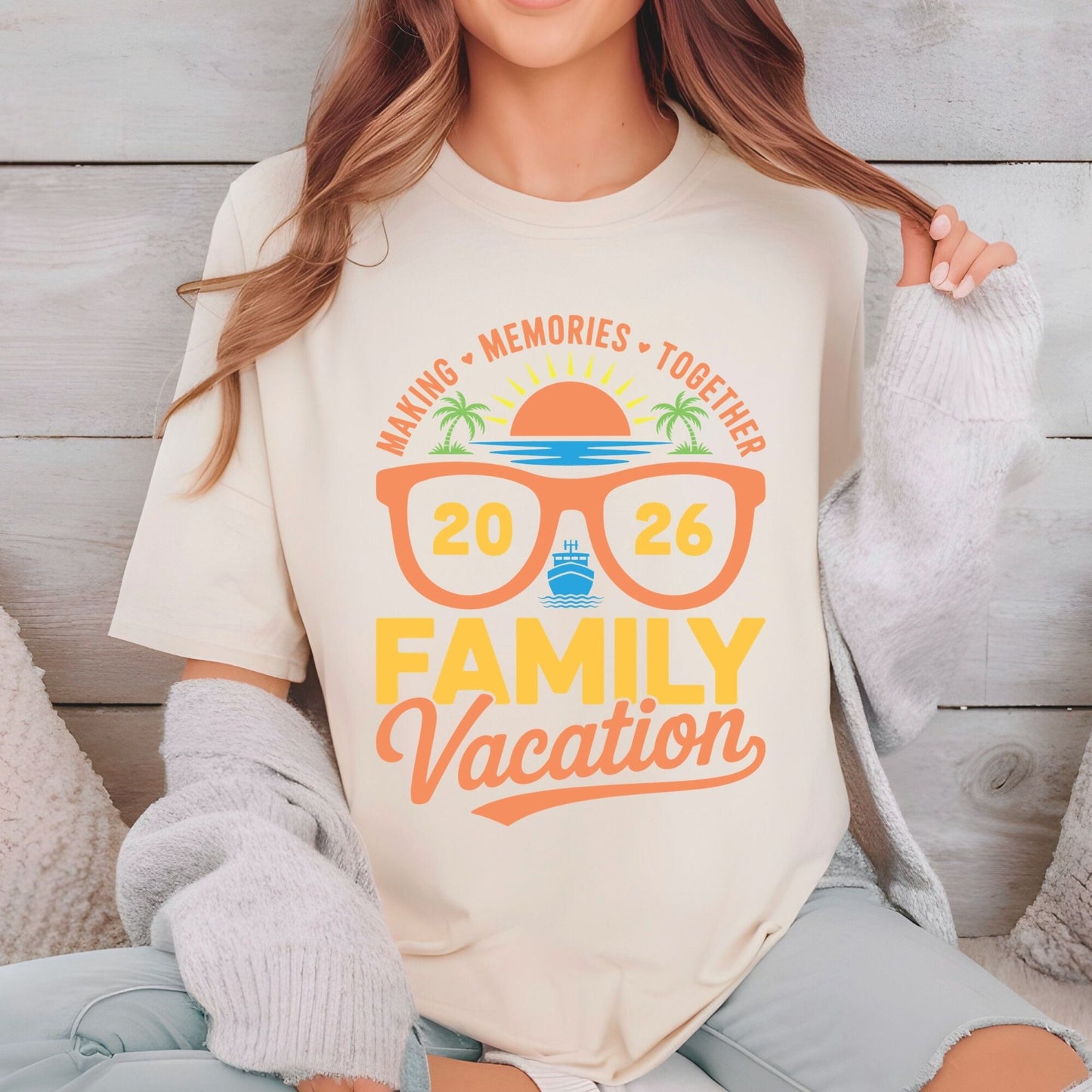 Family Vacation 2026 Retro Sunglasses DTF Transfer Ready to Press Cruise Ship UV DTF Sticker Making Memories Together Beach Sunset Heat Transfer for Shirts