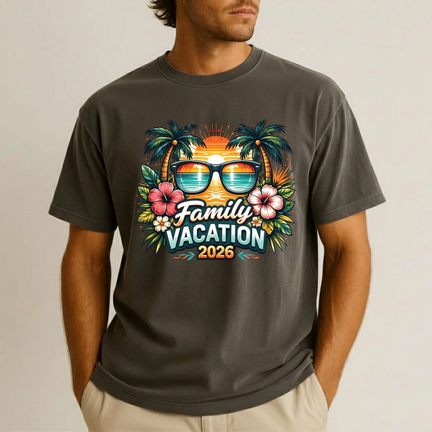 Family Vacation 2026 Retro Sunglasses DTF Transfer Ready to Press Summer Vacation UV DTF Sticker Palm Trees & Hibiscus Heat Transfer for Shirts