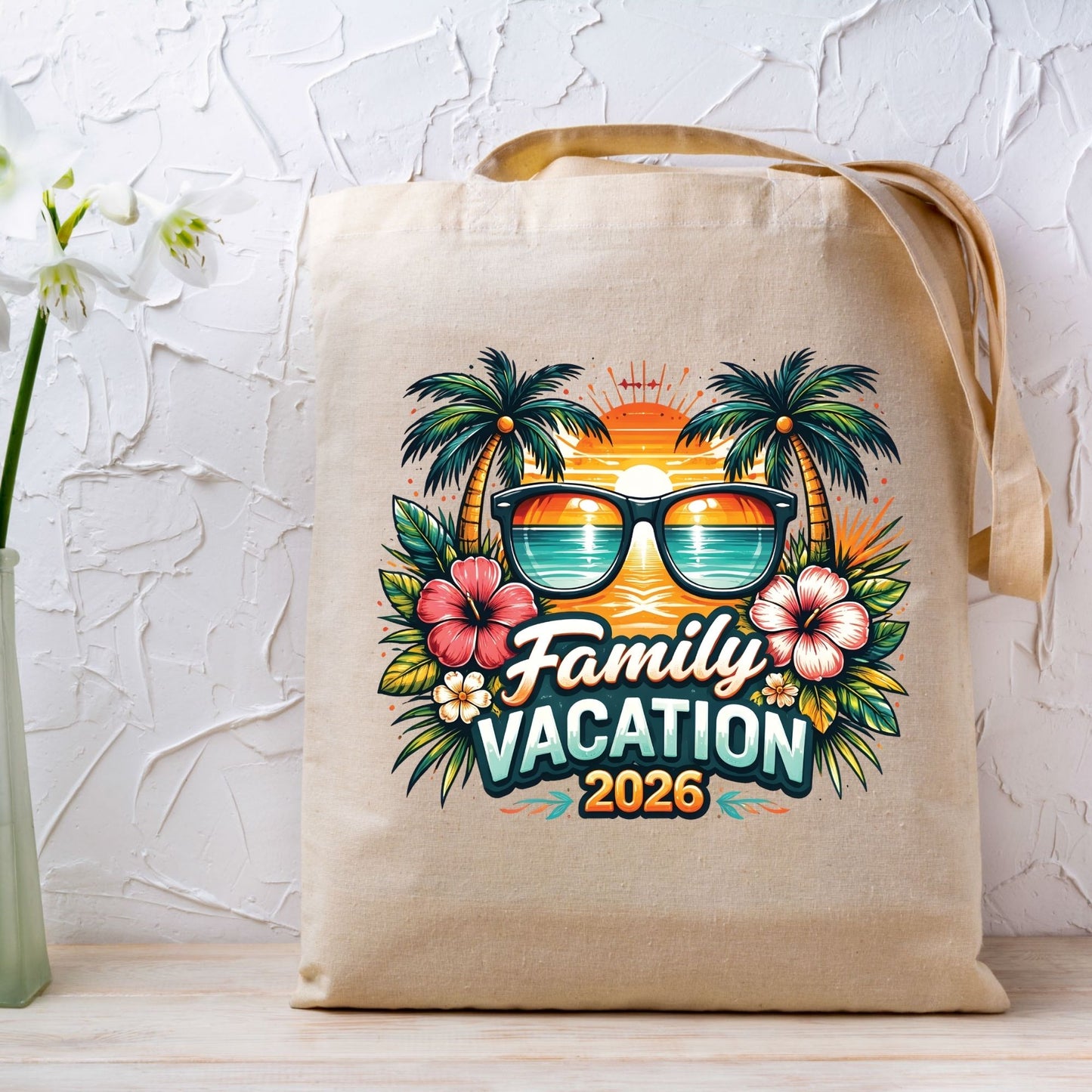 Family Vacation 2026 Retro Sunglasses DTF Transfer Ready to Press Summer Vacation UV DTF Sticker Palm Trees & Hibiscus Heat Transfer for Shirts