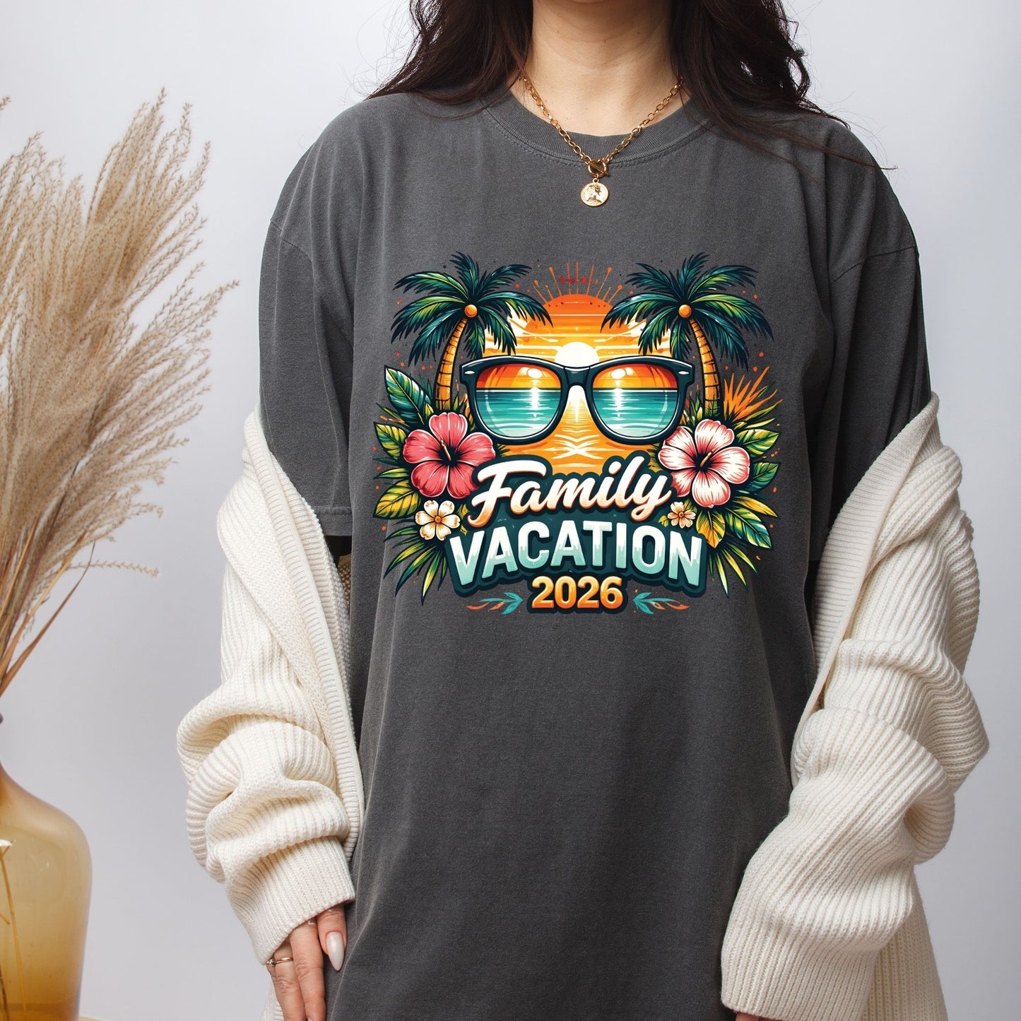 Family Vacation 2026 Retro Sunglasses DTF Transfer Ready to Press Summer Vacation UV DTF Sticker Palm Trees & Hibiscus Heat Transfer for Shirts