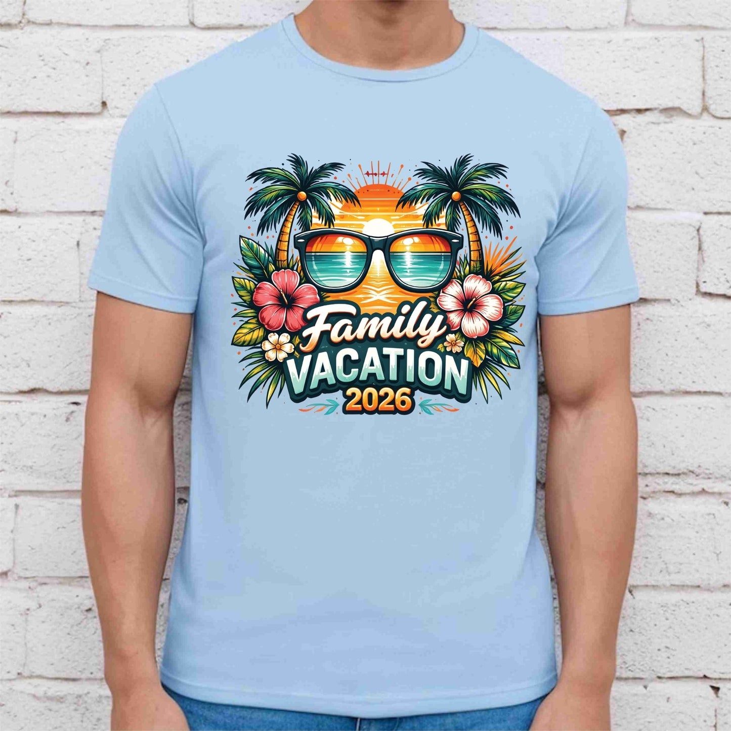 Family Vacation 2026 Retro Sunglasses DTF Transfer Ready to Press Summer Vacation UV DTF Sticker Palm Trees & Hibiscus Heat Transfer for Shirts