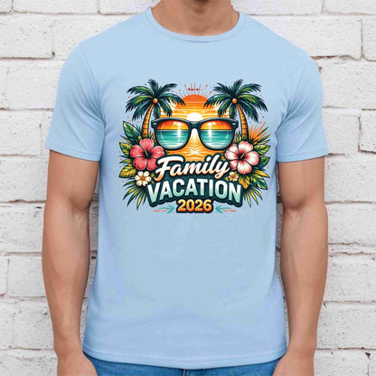 Family Vacation 2026 Retro Sunglasses DTF Transfer Ready to Press Summer Vacation UV DTF Sticker Palm Trees & Hibiscus Heat Transfer for Shirts