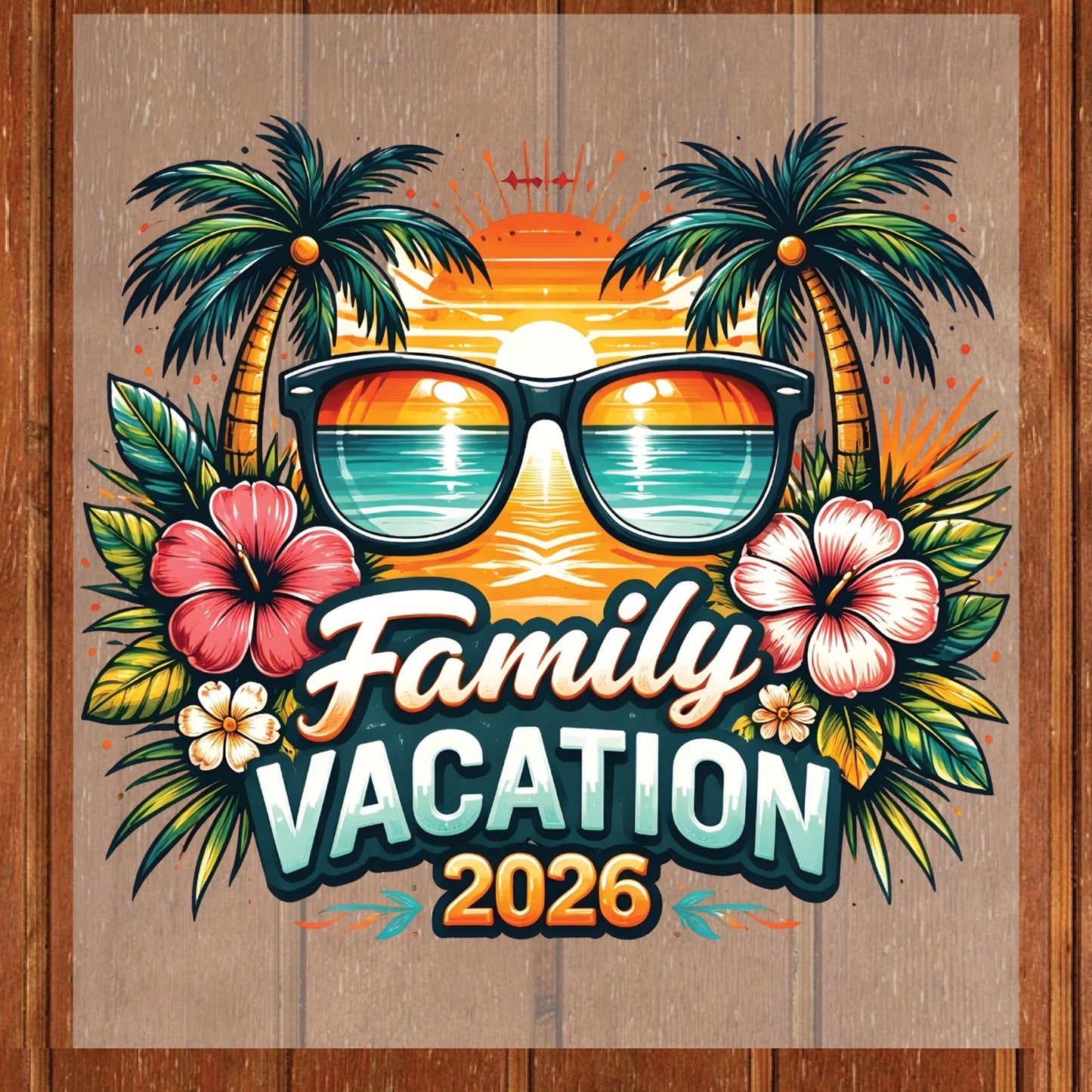 Family Vacation 2026 Retro Sunglasses DTF Transfer Ready to Press Summer Vacation UV DTF Sticker Palm Trees & Hibiscus Heat Transfer for Shirts