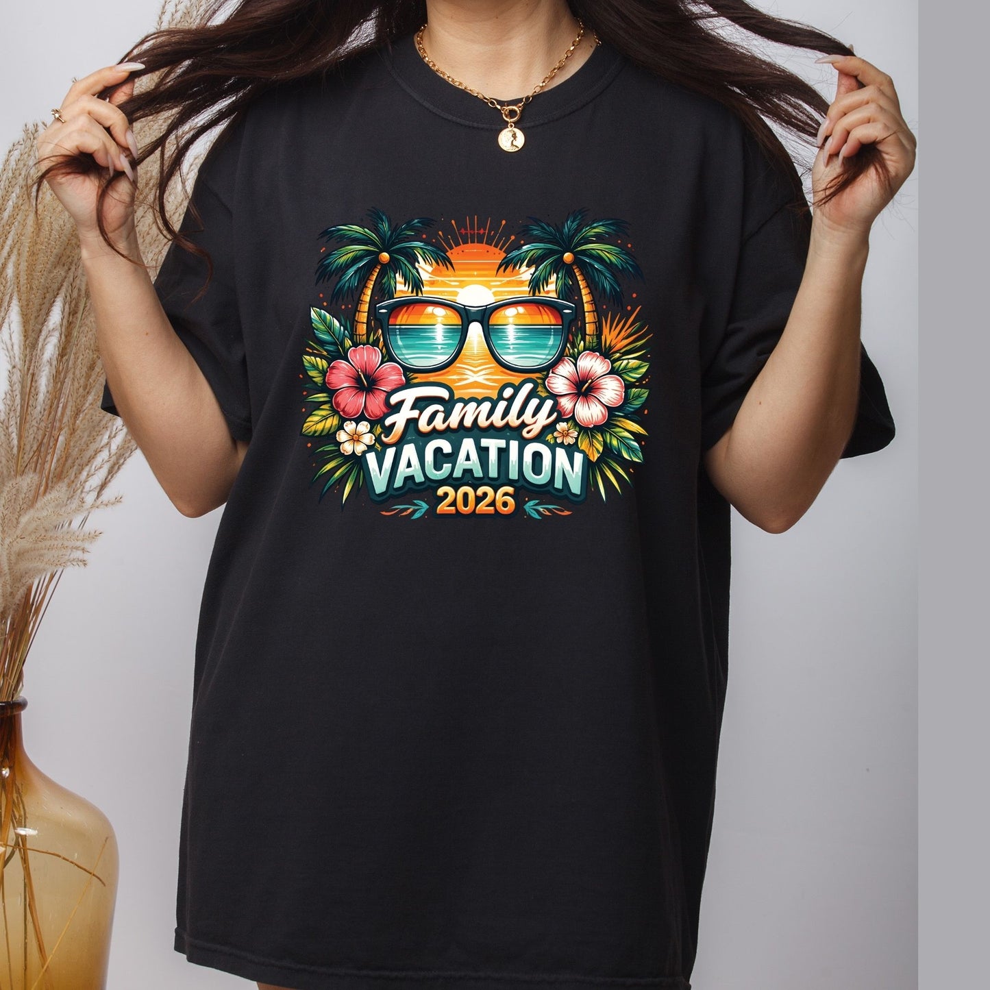 Family Vacation 2026 Retro Sunglasses DTF Transfer Ready to Press Summer Vacation UV DTF Sticker Palm Trees & Hibiscus Heat Transfer for Shirts