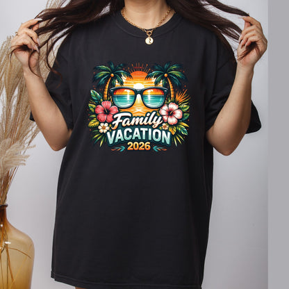 Family Vacation 2026 Retro Sunglasses DTF Transfer Ready to Press Summer Vacation UV DTF Sticker Palm Trees & Hibiscus Heat Transfer for Shirts