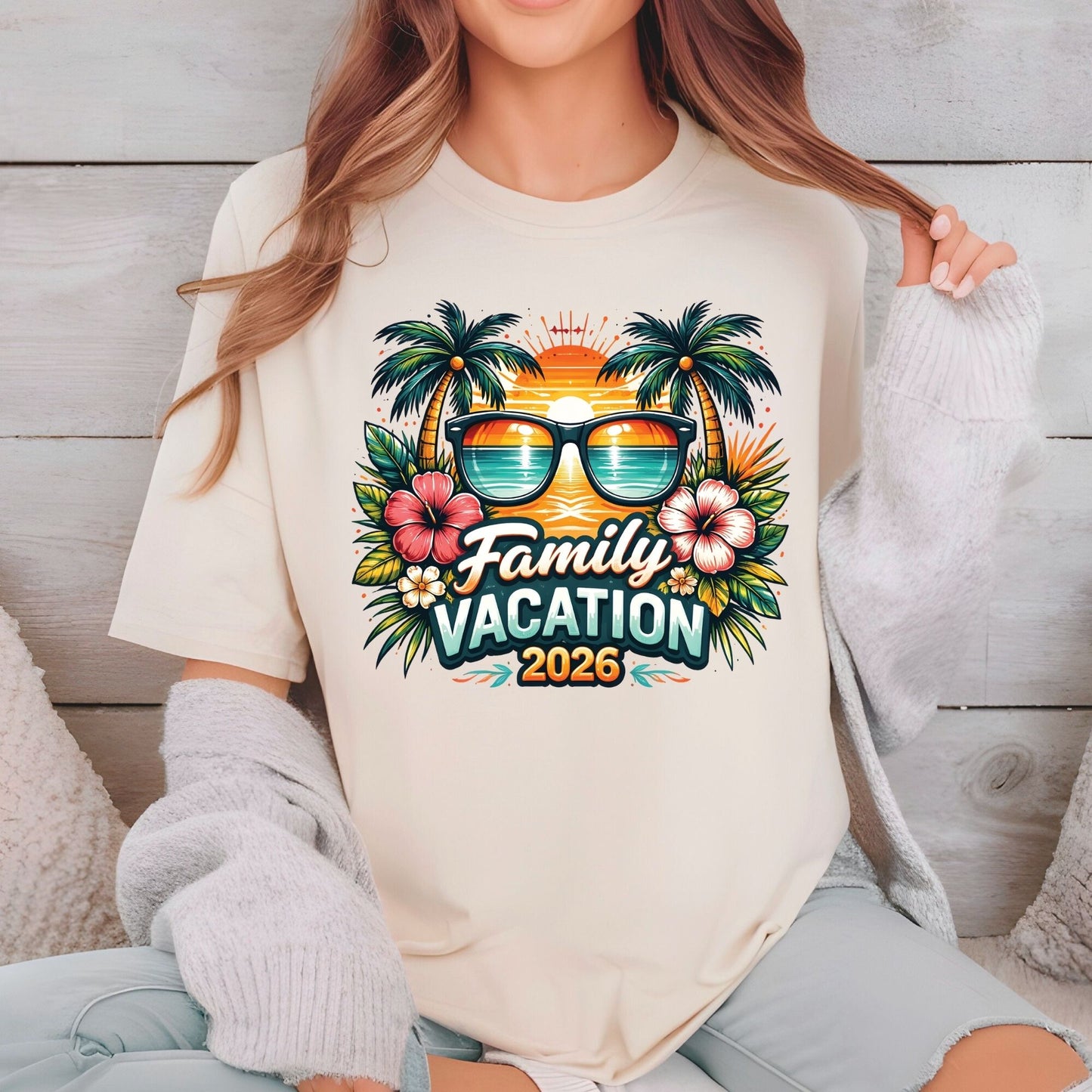 Family Vacation 2026 Retro Sunglasses DTF Transfer Ready to Press Summer Vacation UV DTF Sticker Palm Trees & Hibiscus Heat Transfer for Shirts