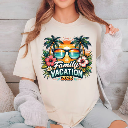 Family Vacation 2026 Retro Sunglasses DTF Transfer Ready to Press Summer Vacation UV DTF Sticker Palm Trees & Hibiscus Heat Transfer for Shirts