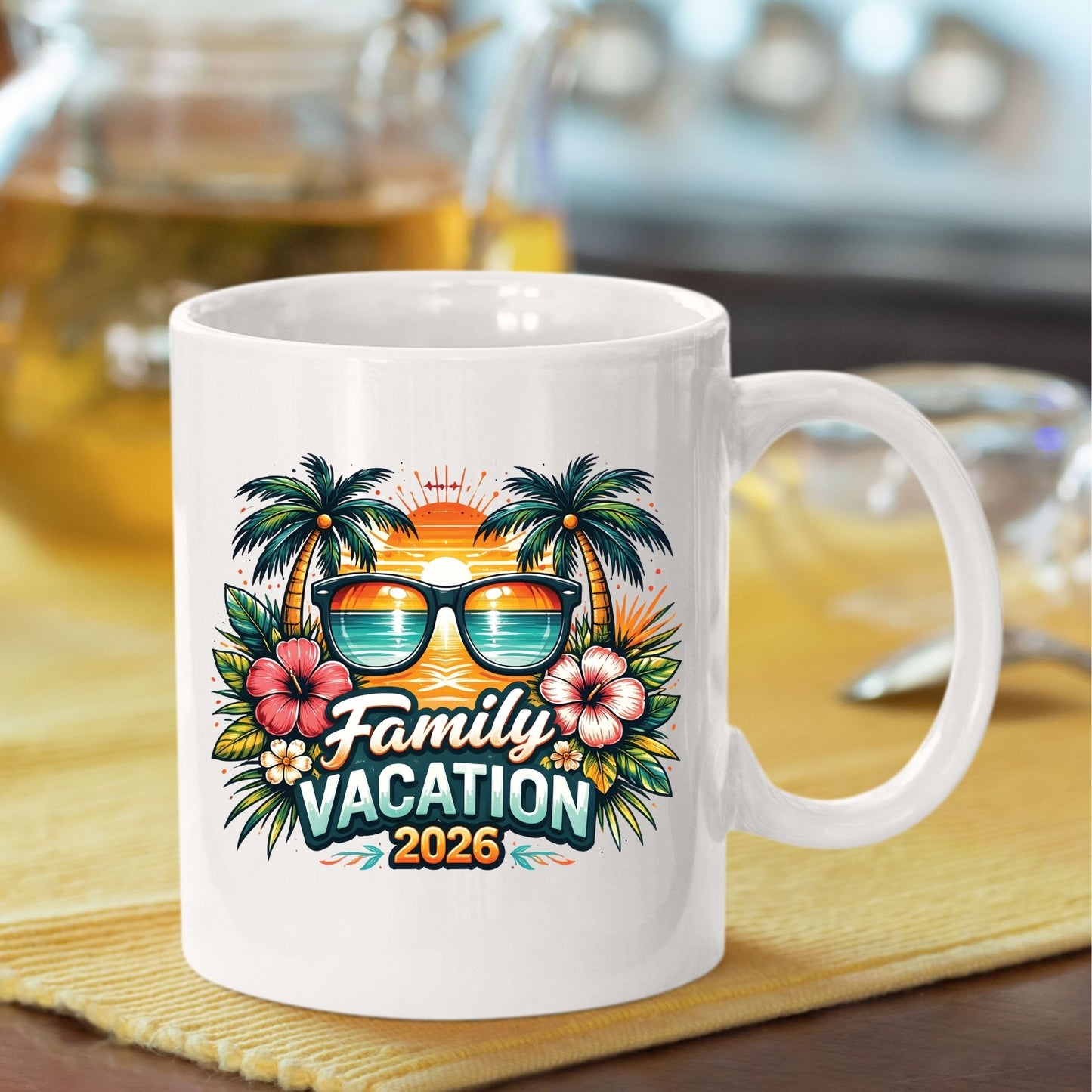 Family Vacation 2026 Retro Sunglasses DTF Transfer Ready to Press Summer Vacation UV DTF Sticker Palm Trees & Hibiscus Heat Transfer for Shirts