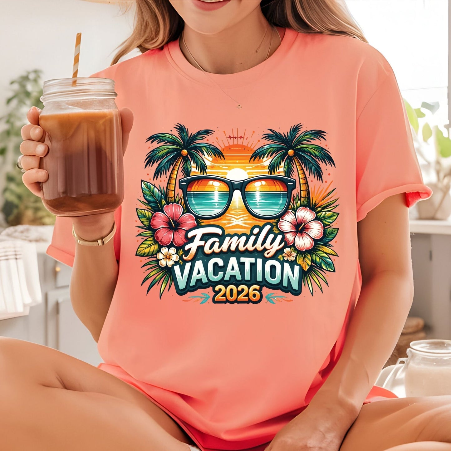 Family Vacation 2026 Retro Sunglasses DTF Transfer Ready to Press Summer Vacation UV DTF Sticker Palm Trees & Hibiscus Heat Transfer for Shirts