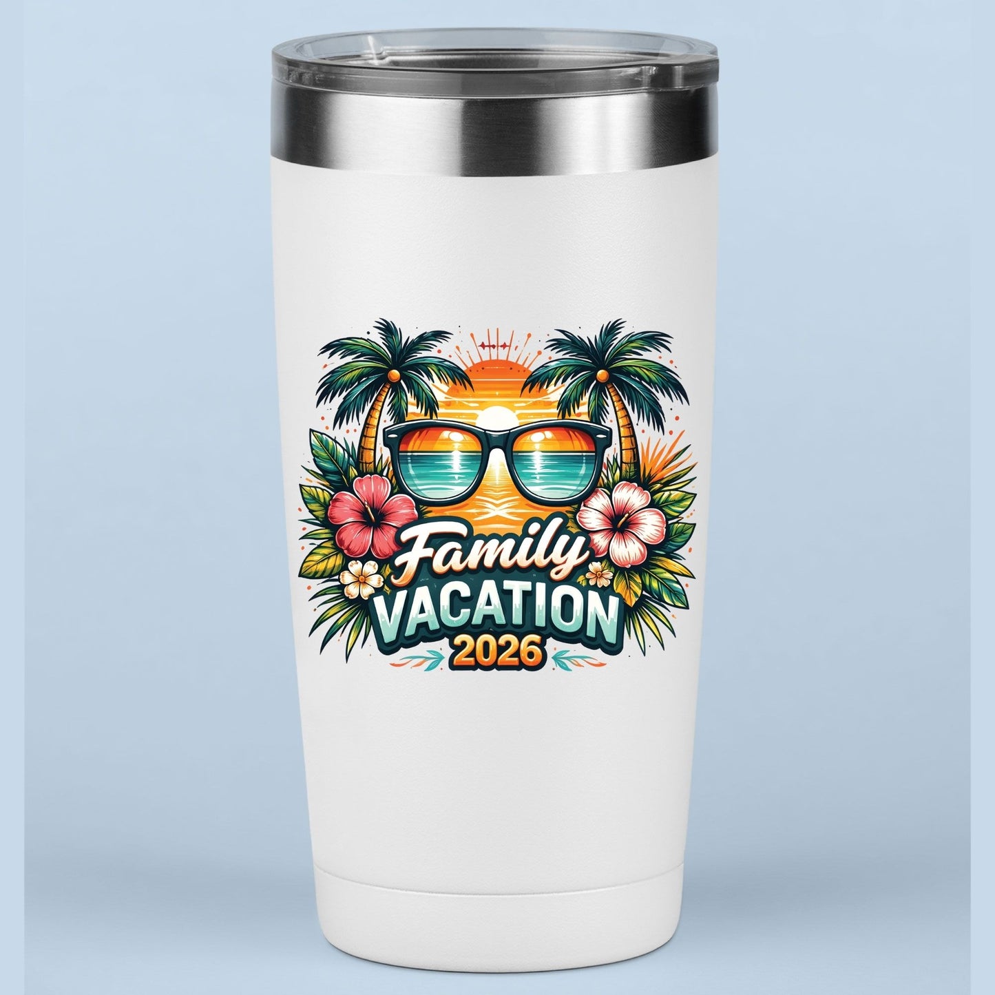 Family Vacation 2026 Retro Sunglasses DTF Transfer Ready to Press Summer Vacation UV DTF Sticker Palm Trees & Hibiscus Heat Transfer for Shirts