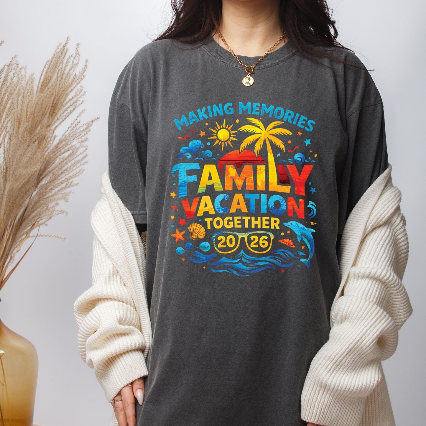 Family Vacation 2026 Retro Sunset DTF Transfer Ready to Press Summer Trip UV DTF Sticker Making Memories Palm Tree & Dolphin Heat Transfer for Shirts