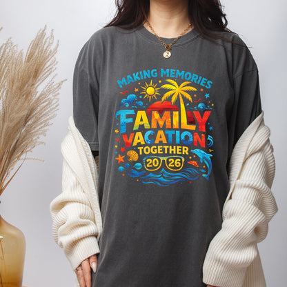 Family Vacation 2026 Retro Sunset DTF Transfer Ready to Press Summer Trip UV DTF Sticker Making Memories Palm Tree & Dolphin Heat Transfer for Shirts
