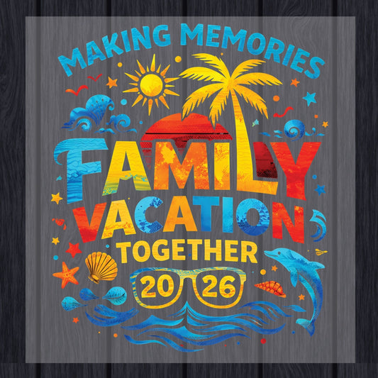 Family Vacation 2026 Retro Sunset DTF Transfer Ready to Press Summer Trip UV DTF Sticker Making Memories Palm Tree & Dolphin Heat Transfer for Shirts