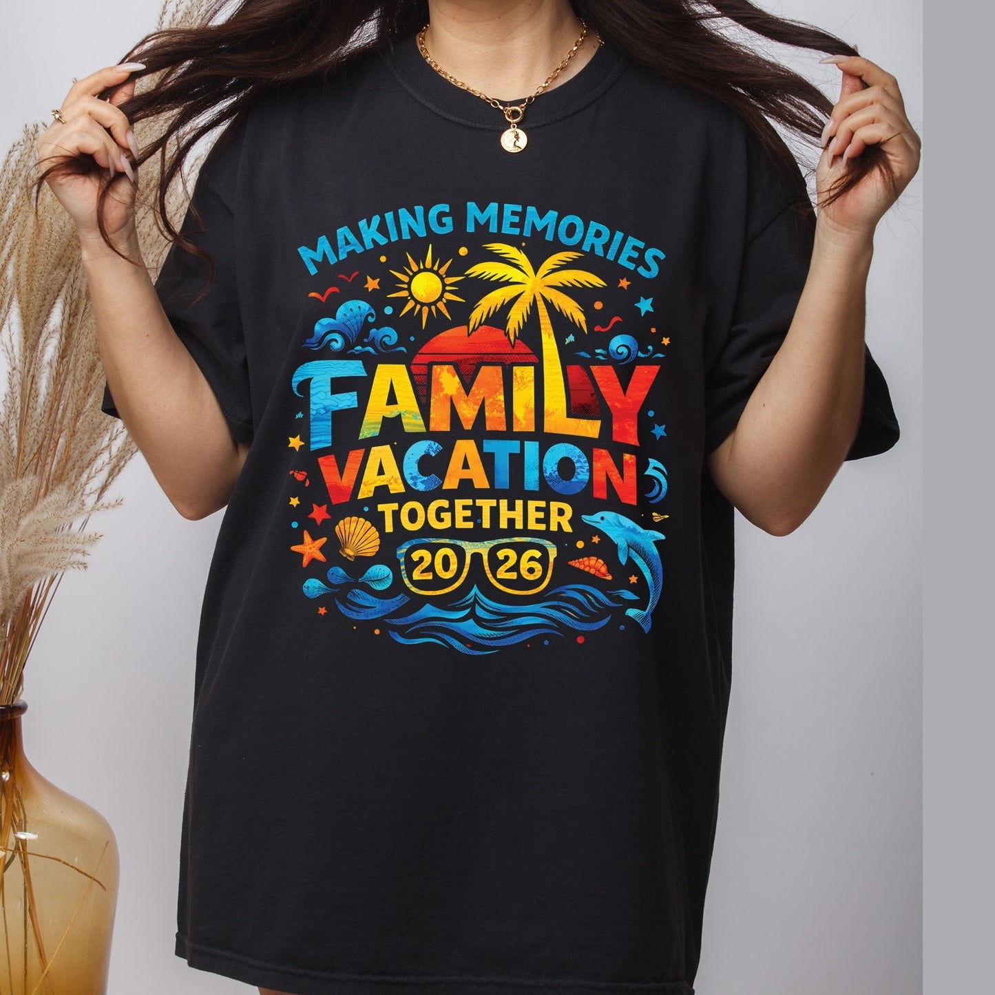 Family Vacation 2026 Retro Sunset DTF Transfer Ready to Press Summer Trip UV DTF Sticker Making Memories Palm Tree & Dolphin Heat Transfer for Shirts