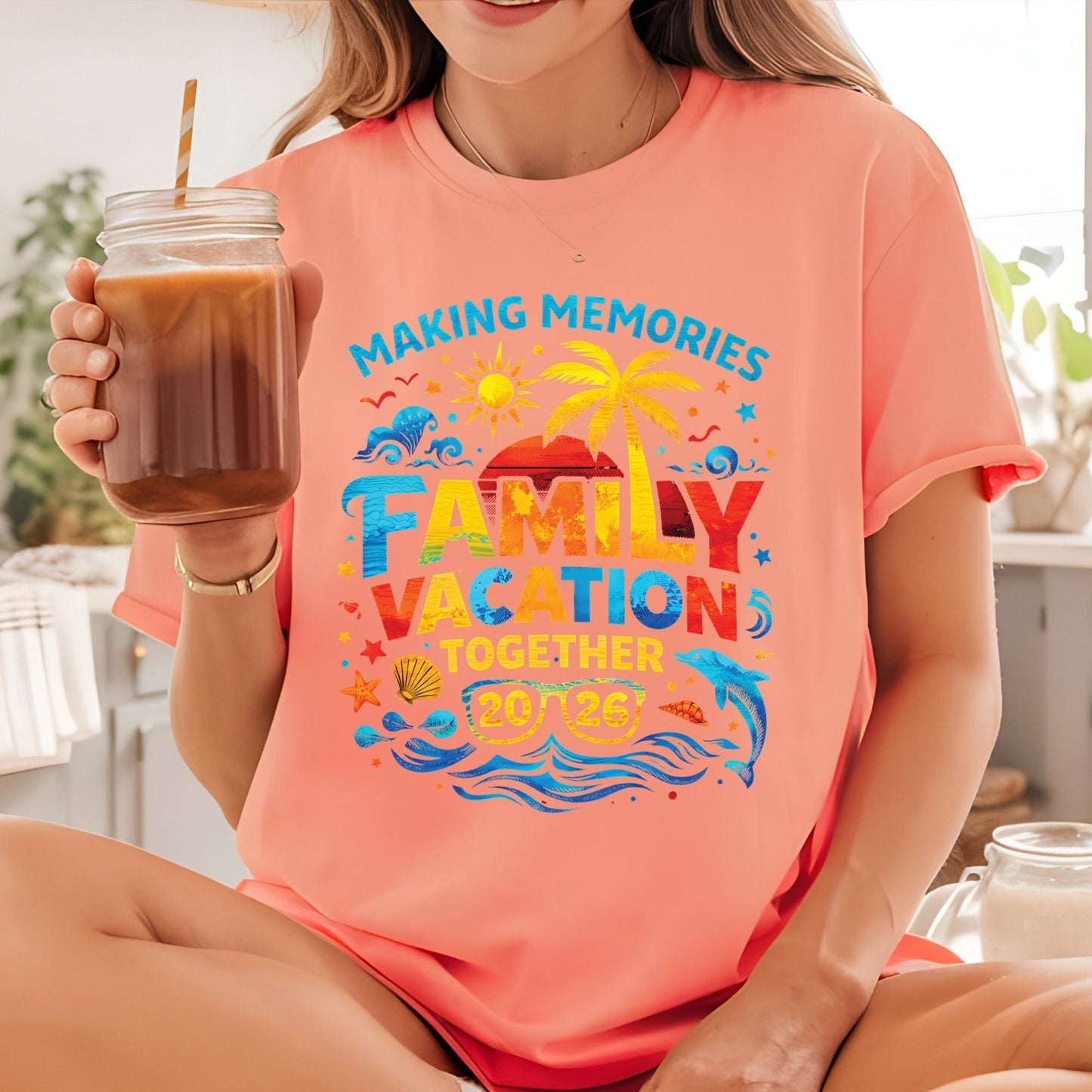 Family Vacation 2026 Retro Sunset DTF Transfer Ready to Press Summer Trip UV DTF Sticker Making Memories Palm Tree & Dolphin Heat Transfer for Shirts