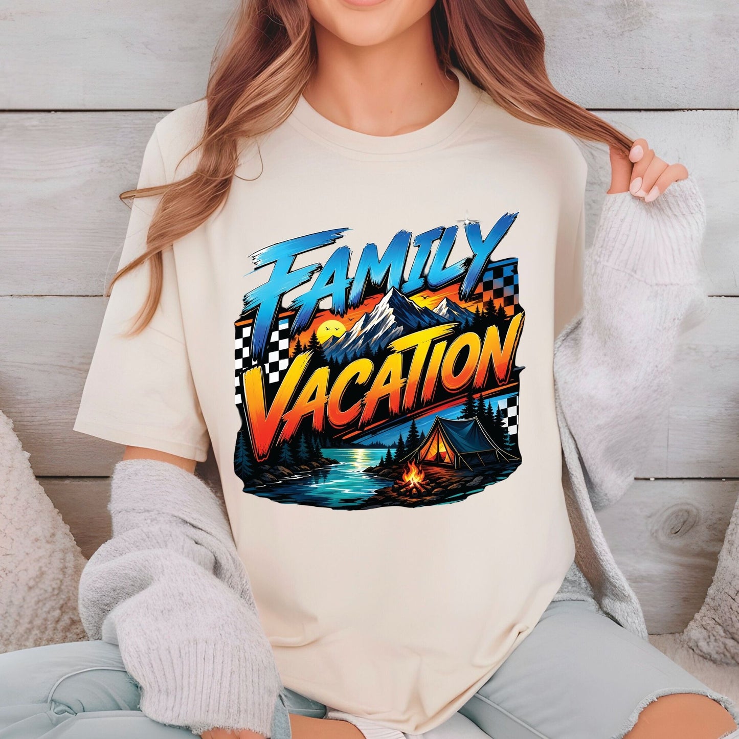 Family Vacation Mountain Camping DTF Transfer Ready to Press Road Trip UV DTF Sticker Campfire & Lake Heat Transfer for Shirts