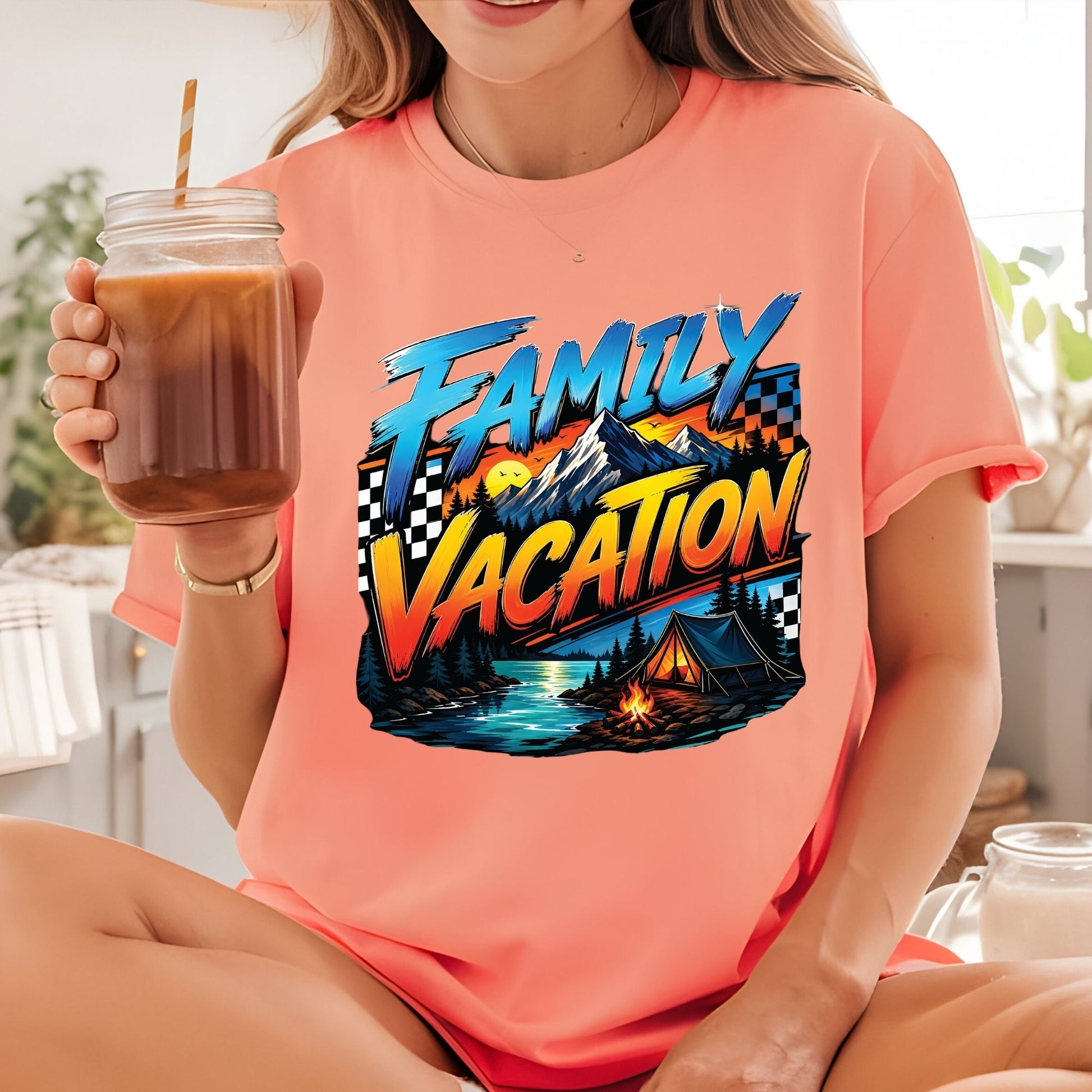 Family Vacation Mountain Camping DTF Transfer Ready to Press Road Trip UV DTF Sticker Campfire & Lake Heat Transfer for Shirts