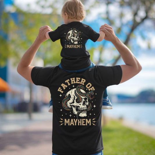 Father Of Mayhem T Shirt Dad Matching Kids Fathers Day Outfits Dad and Baby Jersey Tees Father Daughter Son Back Prints Shirt
