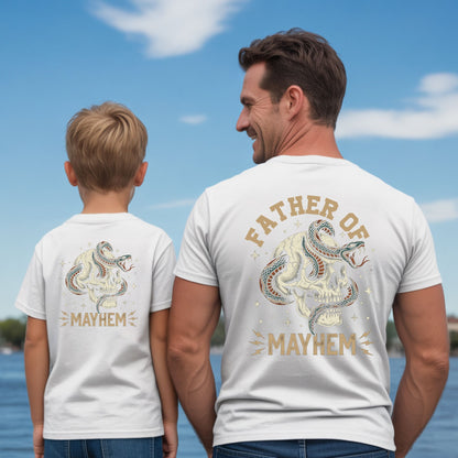 Father Of Mayhem T Shirt Dad Matching Kids Fathers Day Outfits Dad and Baby Jersey Tees Father Daughter Son Back Prints Shirt