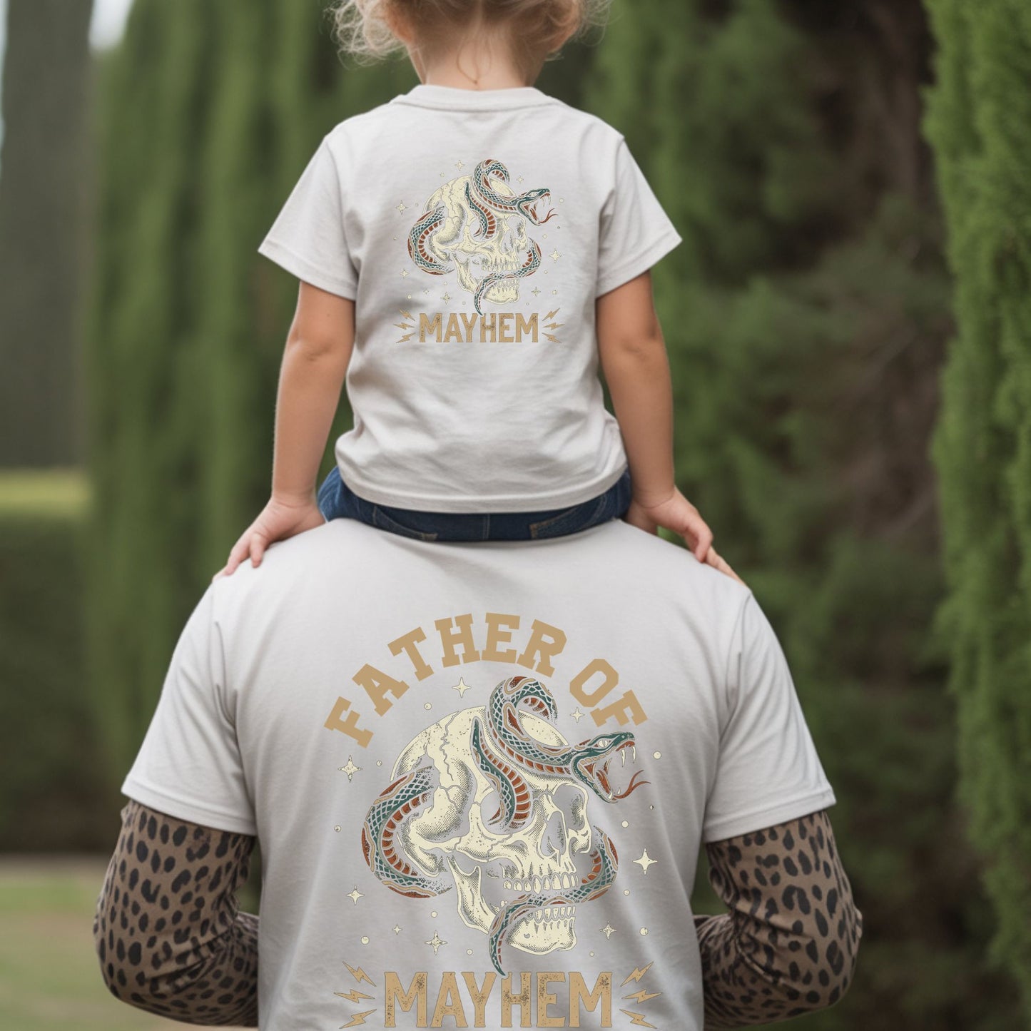 Father Of Mayhem T Shirt Dad Matching Kids Fathers Day Outfits Dad and Baby Jersey Tees Father Daughter Son Back Prints Shirt