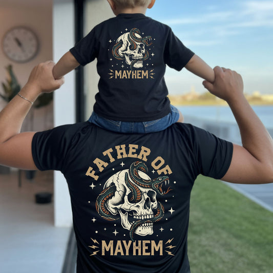 Father Of Mayhem T Shirt Dad Matching Kids Fathers Day Outfits Dad and Baby Jersey Tees Father Daughter Son Back Prints Shirt