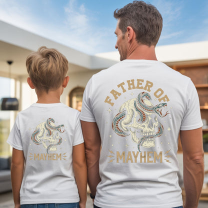Father Of Mayhem T Shirt Dad Matching Kids Fathers Day Outfits Dad and Baby Jersey Tees Father Daughter Son Back Prints Shirt